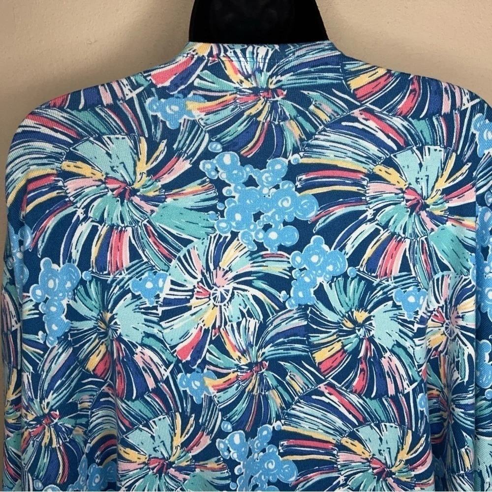 3XL XXXL BLUE ABSTRACT FLORAL SHRUG TOP BLOUSE OPEN FRONT COLORFUL LONG SLEEVE